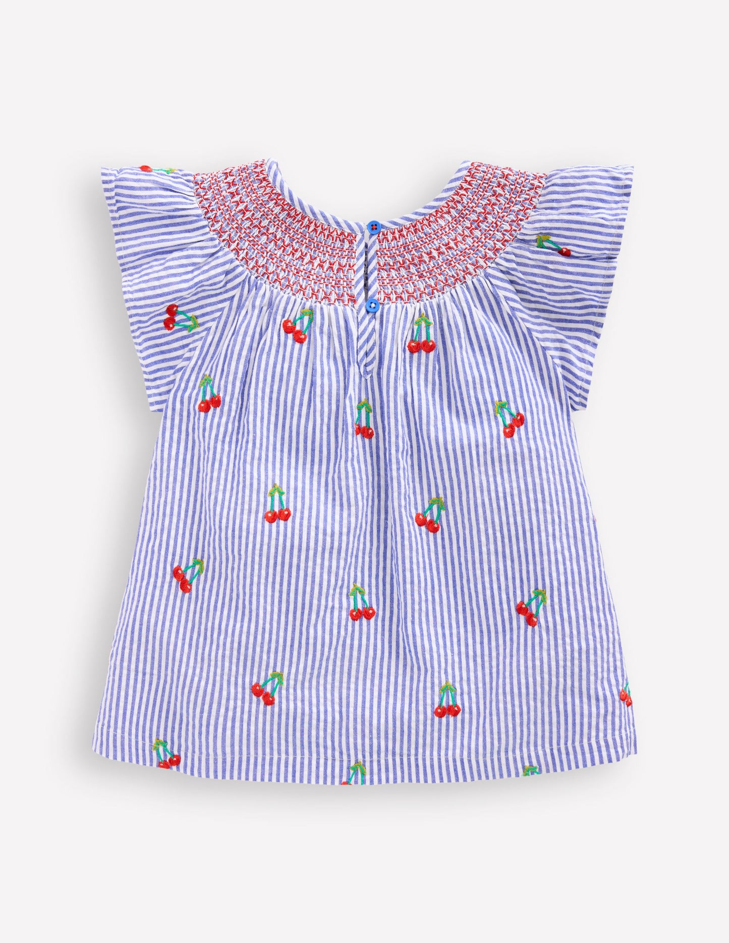 Woven Smocked Top-Blue Ticking Cherries