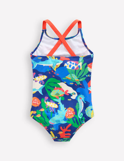 Cross-Back Printed Swimsuit-Blue Reef