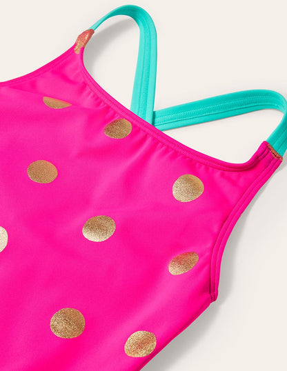 Cross-Back Printed Swimsuit-Fuchsia Pink, Gold Foil Spot