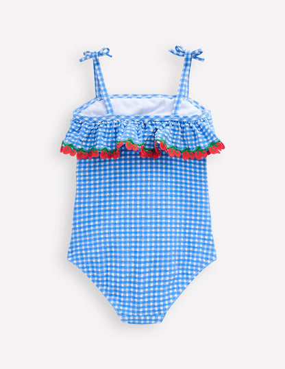 Frill Tie Detail Swimsuit-Blue Gingham Cherries