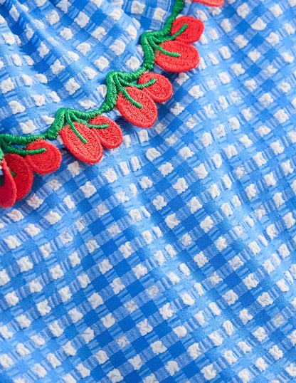 Frill Tie Detail Swimsuit-Blue Gingham Cherries