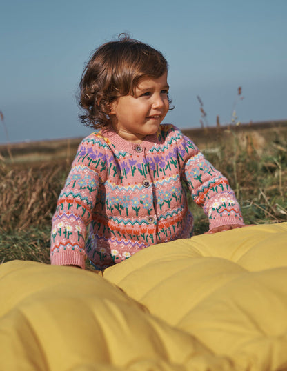 Edie Fair Isle Cardigan-Bubblegum Pink Flowers