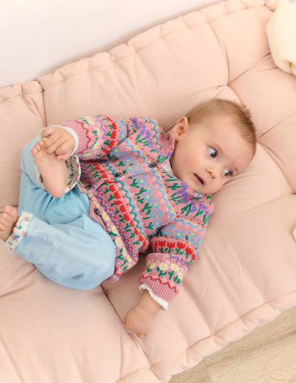 Edie Fair Isle Cardigan-Bubblegum Pink Flowers