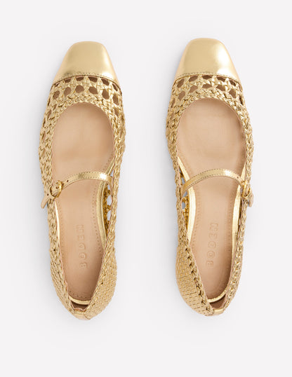 Penelope Mary Jane Flat-Gold Woven Leather