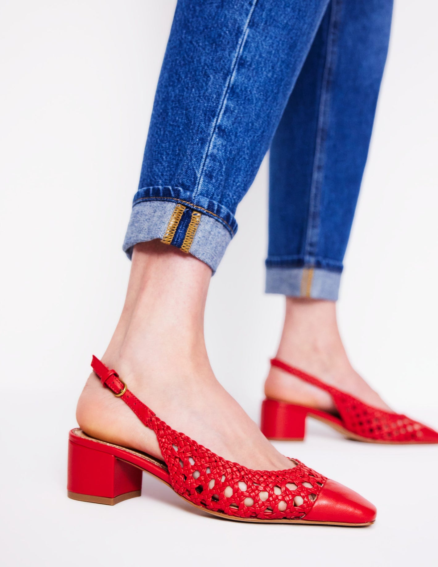 Ailsa Block Heel Slingbacks-Post Box Red Woven