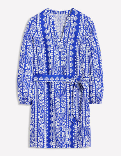 Cleo Tie Waist Linen Dress-Bright Blue, Ornate Stripe