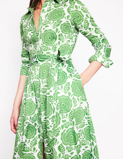 Amy Cotton Midi Shirt Dress-Iguana Green, Dahlia Stamp