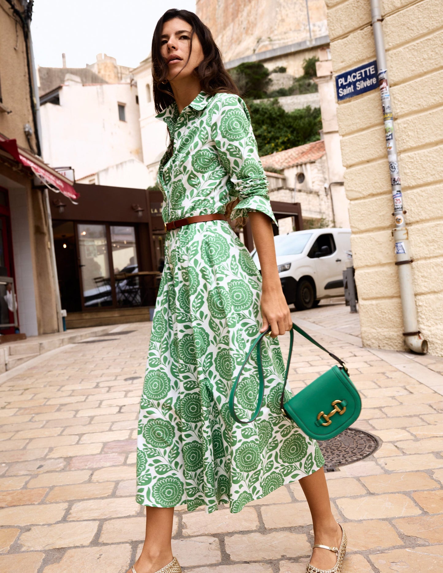 Amy Cotton Midi Shirt Dress-Iguana Green, Dahlia Stamp