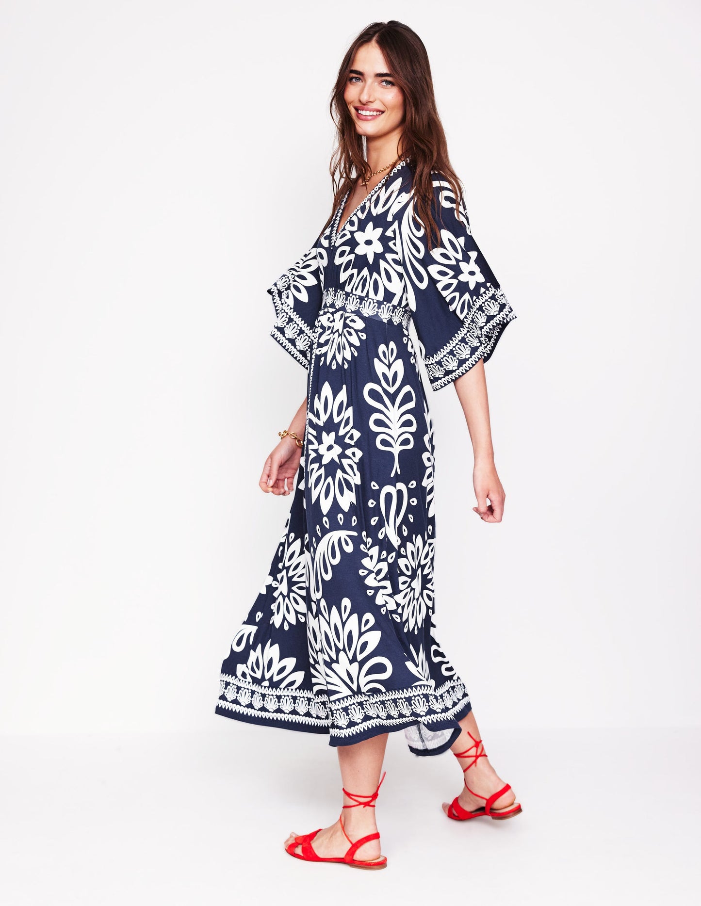 Maya Kimono Jersey Maxi Dress-French Navy, Palm Foliage