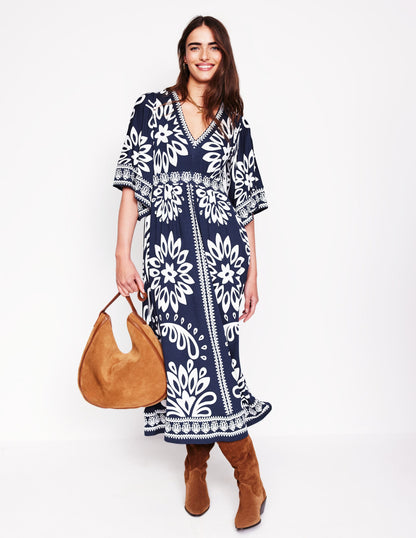 Maya Kimono Jersey Maxi Dress-French Navy, Palm Foliage