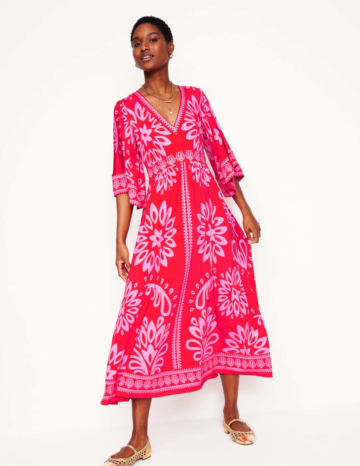 Maya Kimono Jersey Maxi Dress-Strawberry Red, Palm Foliage