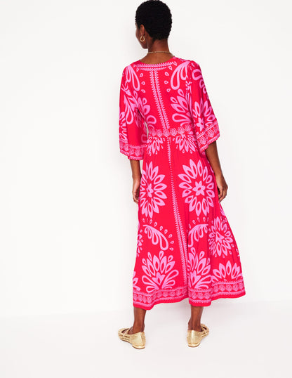 Maya Kimono Jersey Maxi Dress-Strawberry Red, Palm Foliage