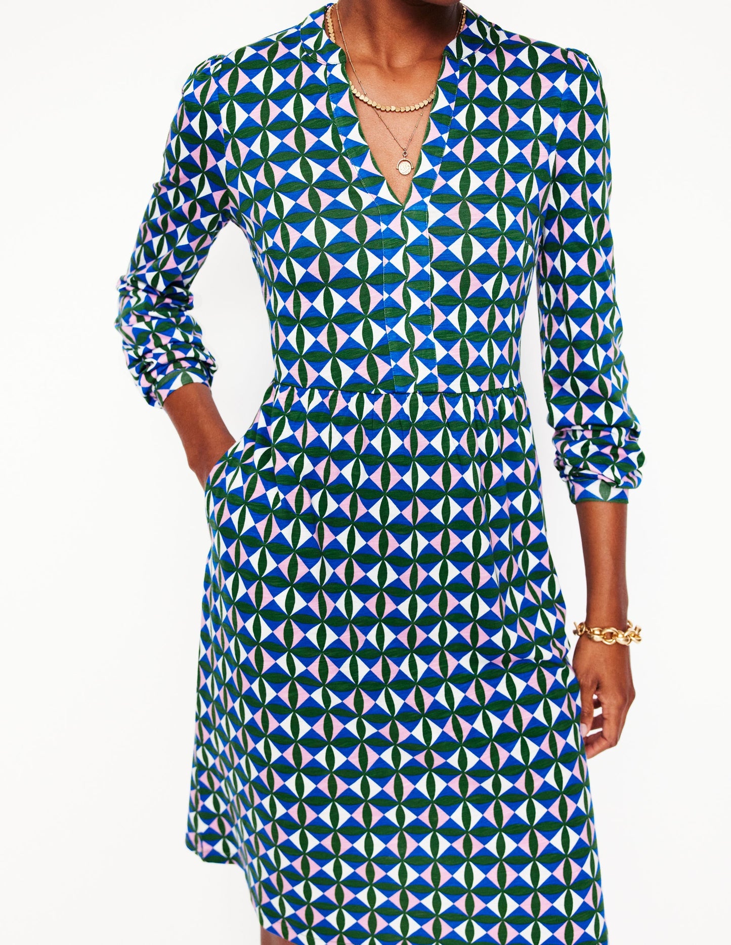 Naomi Relaxed Jersey Dress-Promenade Green, Petal Check