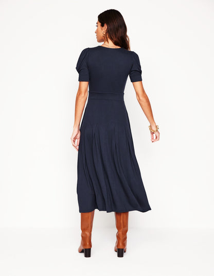 Kristen Pleated Jersey Dress-Navy