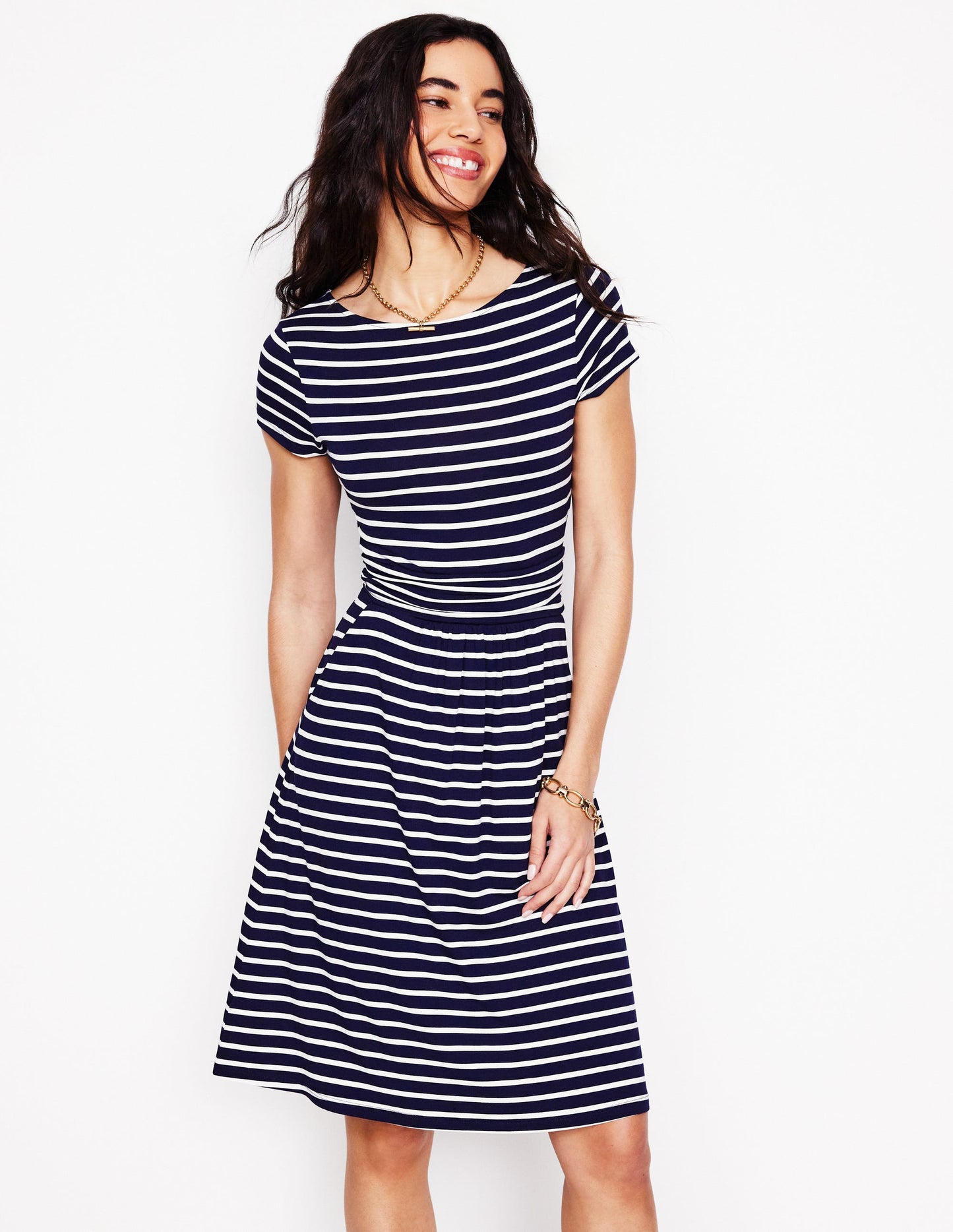 Amelie Jersey Dress-Navy, Ivory Stripe