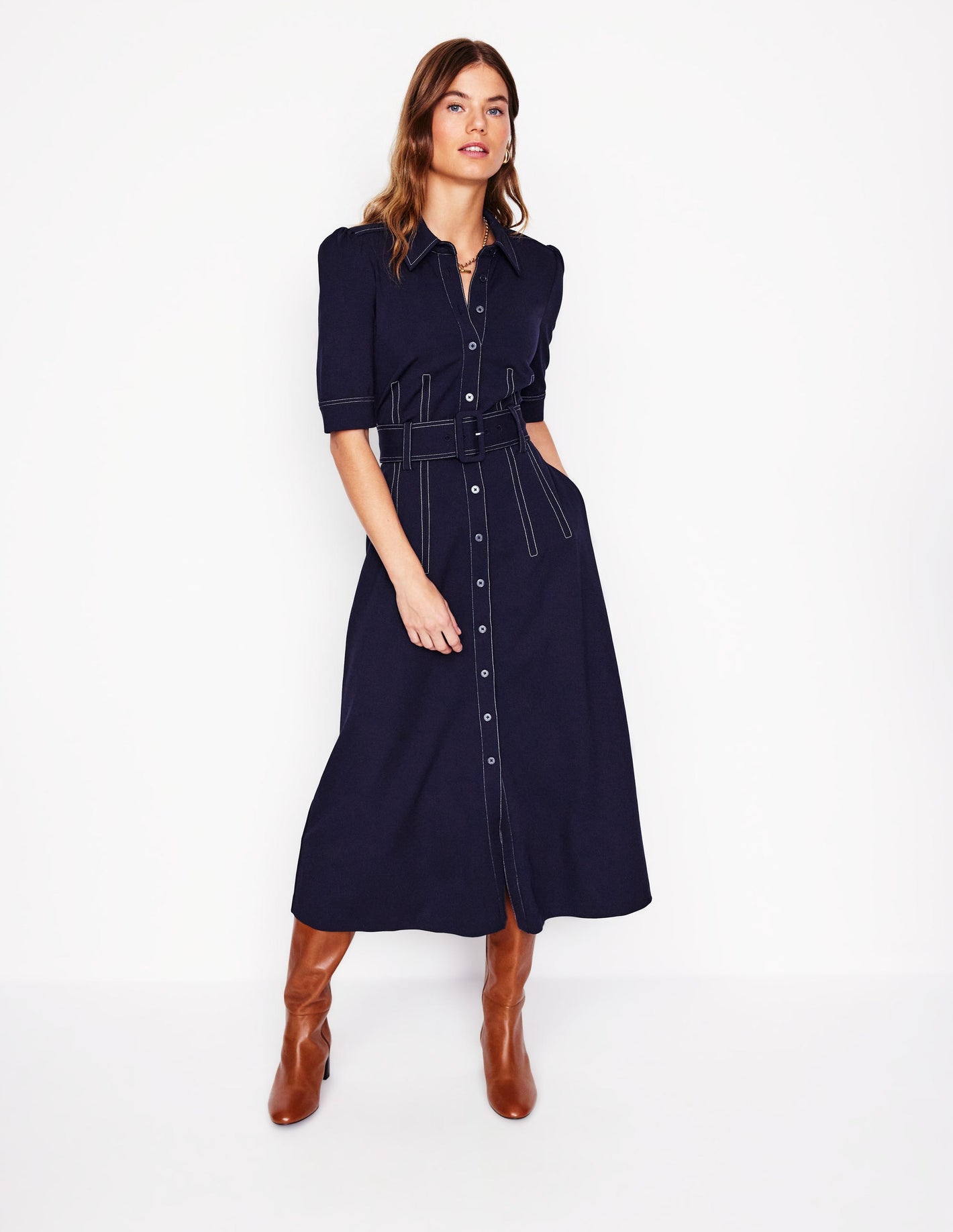 Fashion Ponte Shirt Dress-Navy