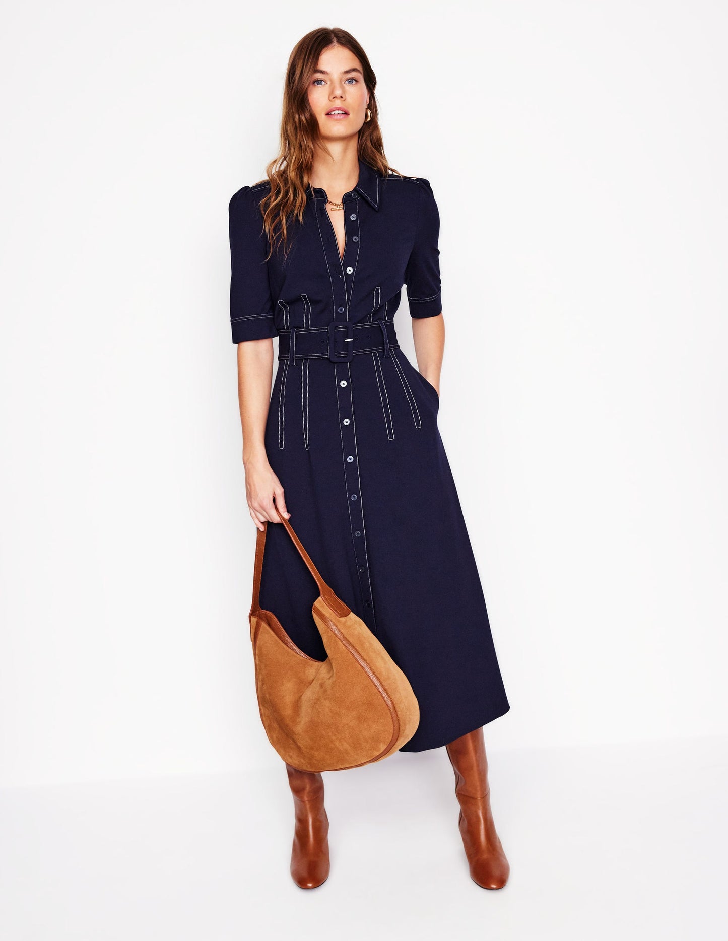 Fashion Ponte Shirt Dress-Navy