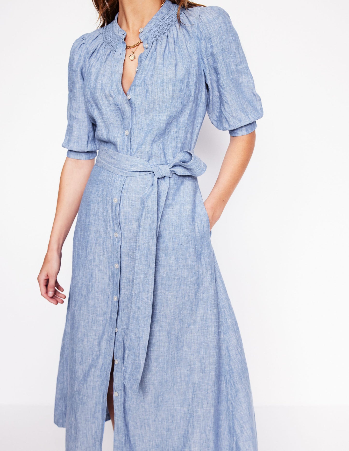 Ada Linen Midi Dress-Grey Blue Chambray