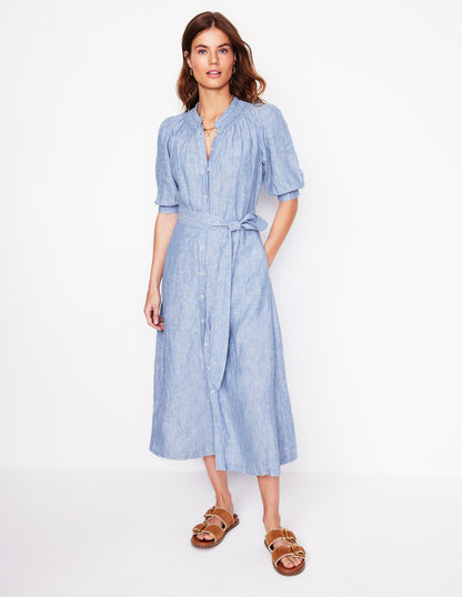 Ada Linen Midi Dress-Grey Blue Chambray