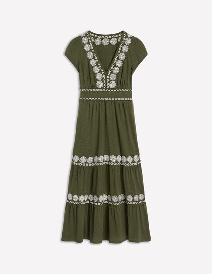 Eloise Embroidered Midi Dress-Classic Khaki