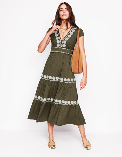 Eloise Embroidered Midi Dress-Classic Khaki