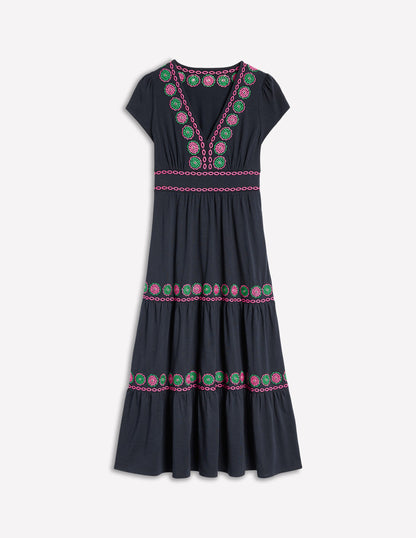 Elara Embroidered Jersey Dress-Navy