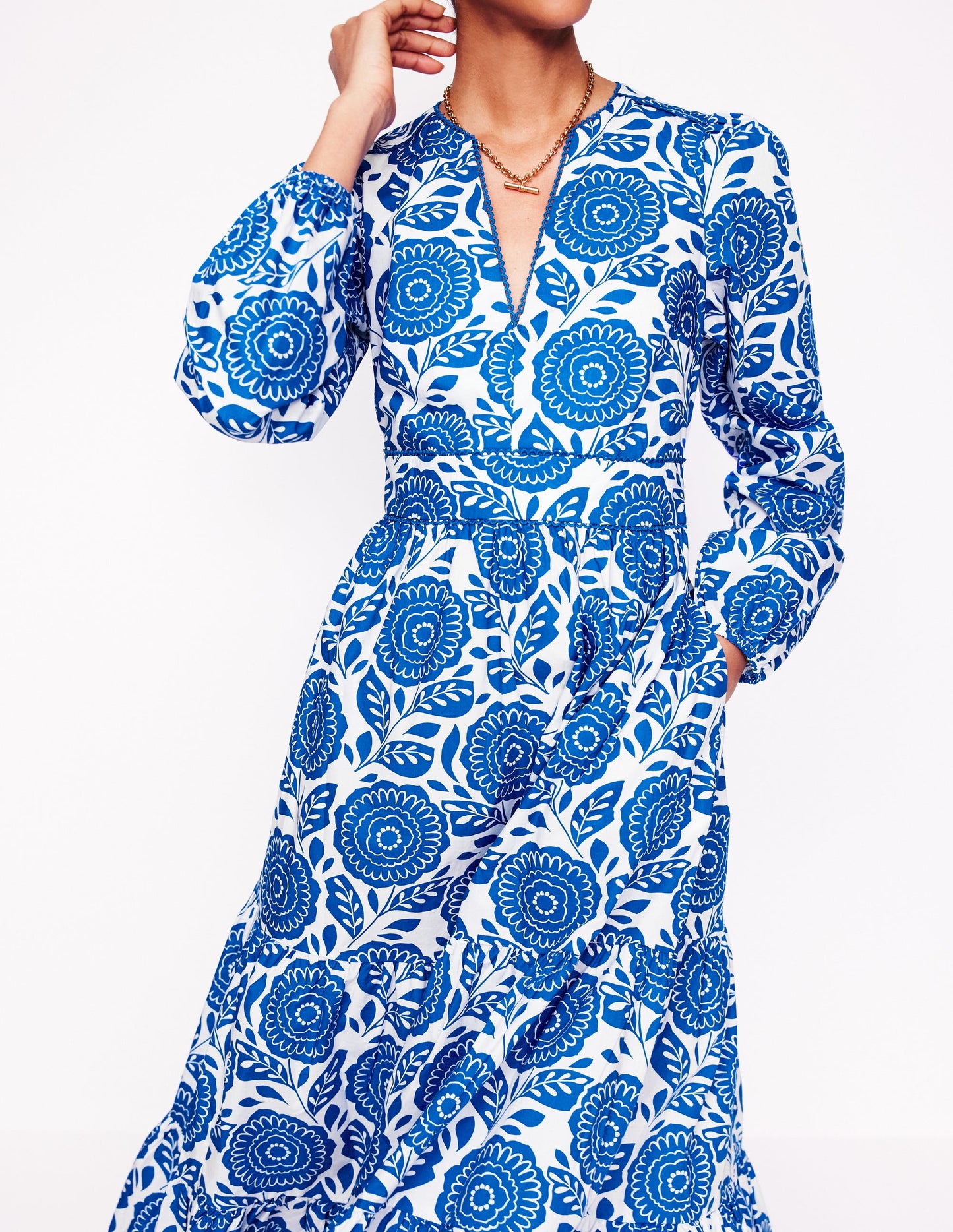 Violet Cotton Midi Dress-Gallery Blue, Dahlia Stamp