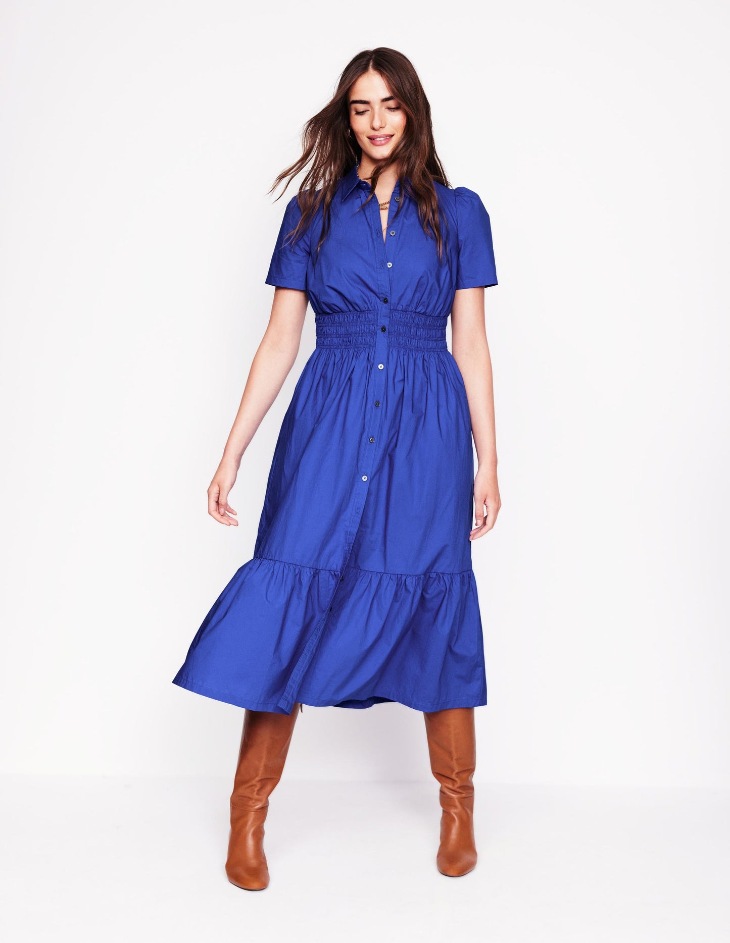 Smocked Waist Shirt Dress-Bright Blue