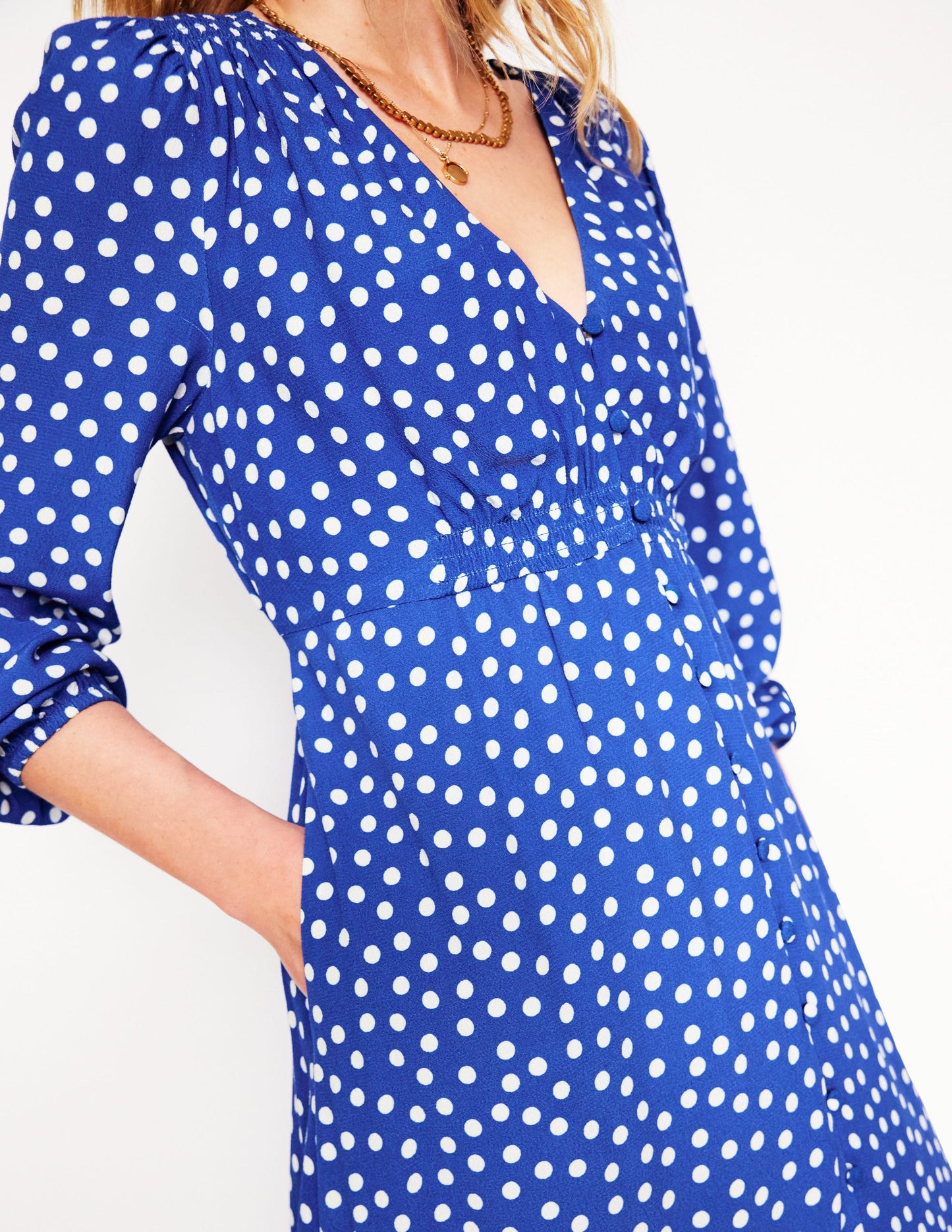 Smocked Button Tea Dress-Bright Blue, Abstract Dot