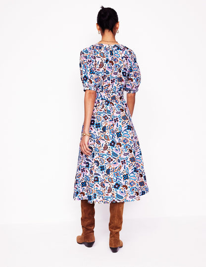 Cotton Puff Sleeve Midi Dress-Multi, Oriental Paradise