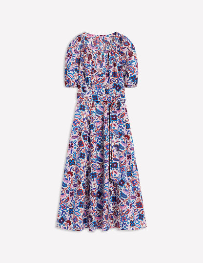 Cotton Puff Sleeve Midi Dress-Multi, Oriental Paradise