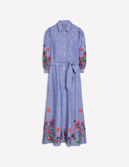 Clara Linen Blend Shirt Dress-Blue Chambray, Embroidered