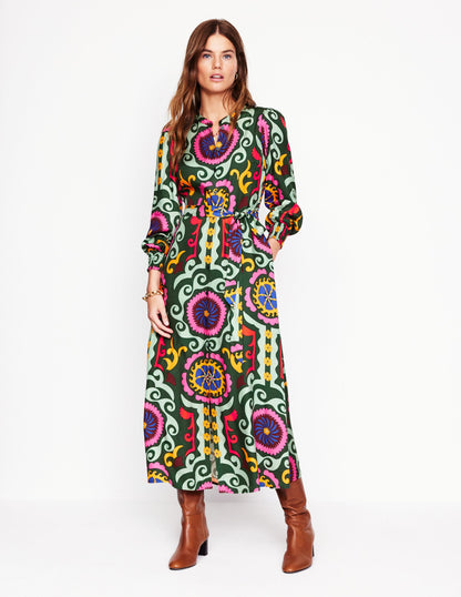 Ruby Collarless Shirt Dress-Green, Ornamental Wave