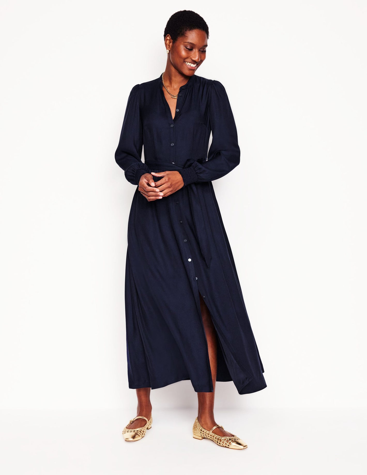 Ruby Collarless Shirt Dress -Navy