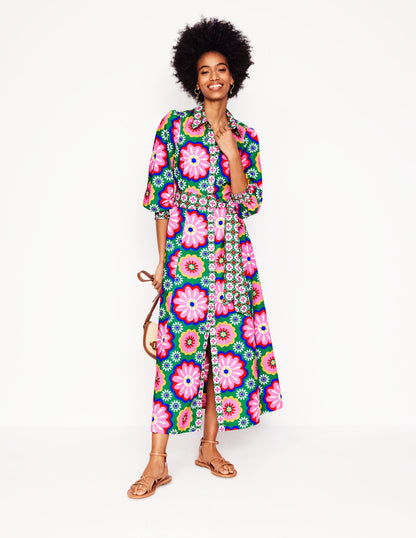 Clara Cotton Shirt Dress-Multi, Flower Tile