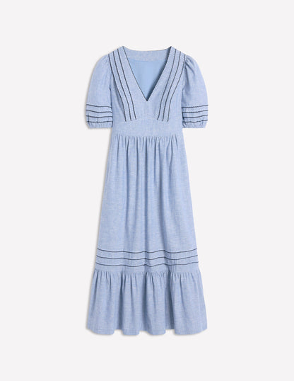 Smocked Waist Linen Dress-Grey Blue Chambray