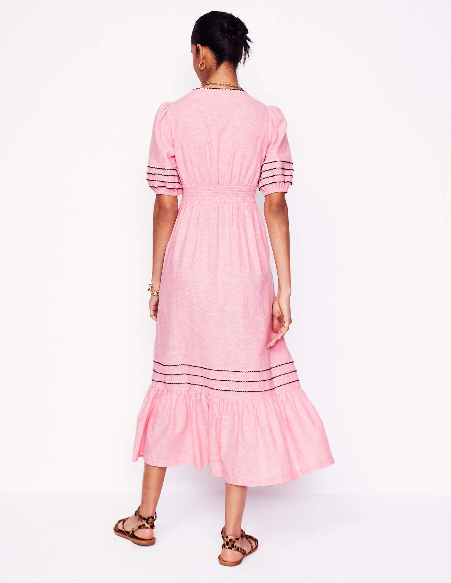 Smocked Waist Linen Dress-Meadowsweet Pink