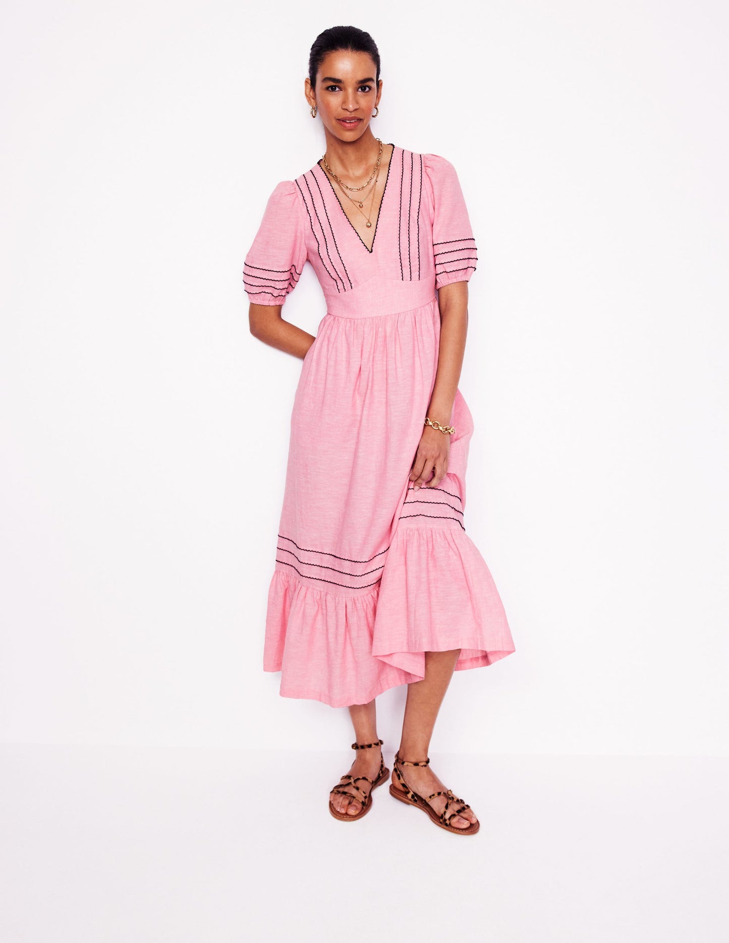 Smocked Waist Linen Dress-Meadowsweet Pink