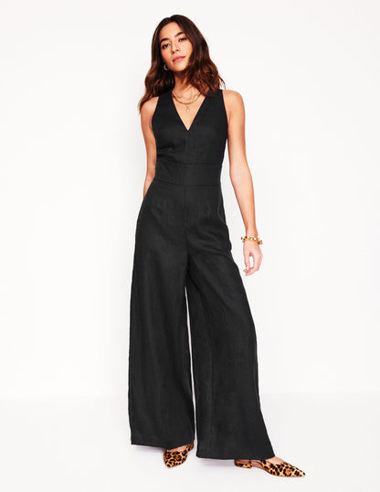 V-Neck Linen Jumpsuit-Black