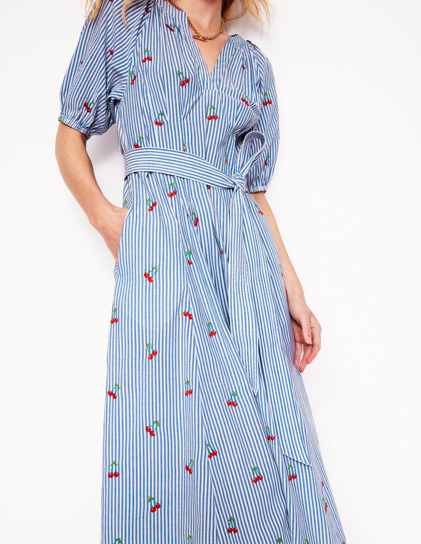 Cotton Embroidered Midi Dress-Cherries Embroidery