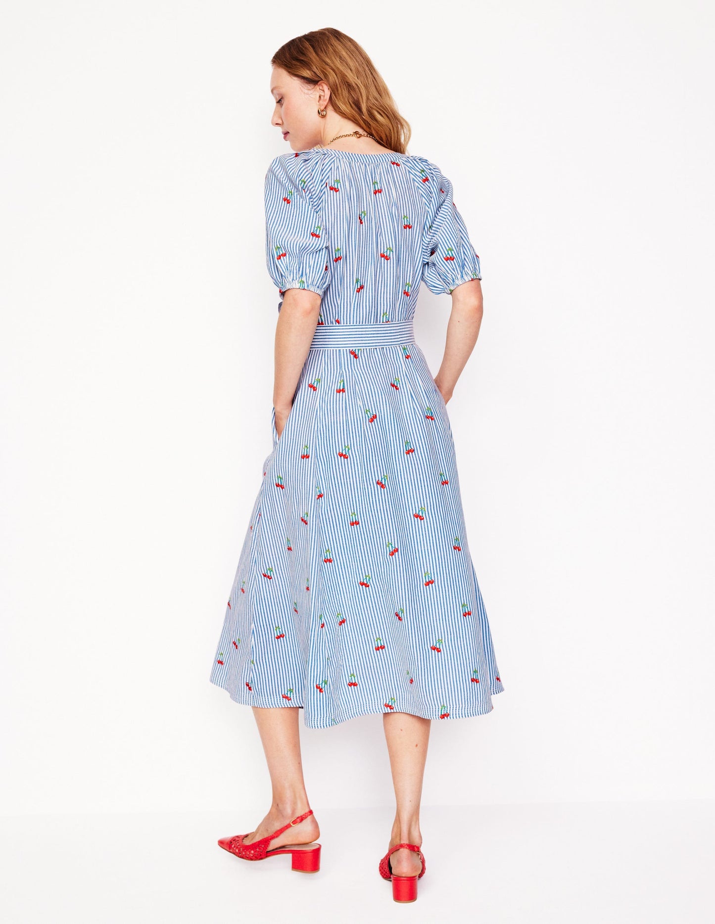 Cotton Embroidered Midi Dress-Cherries Embroidery