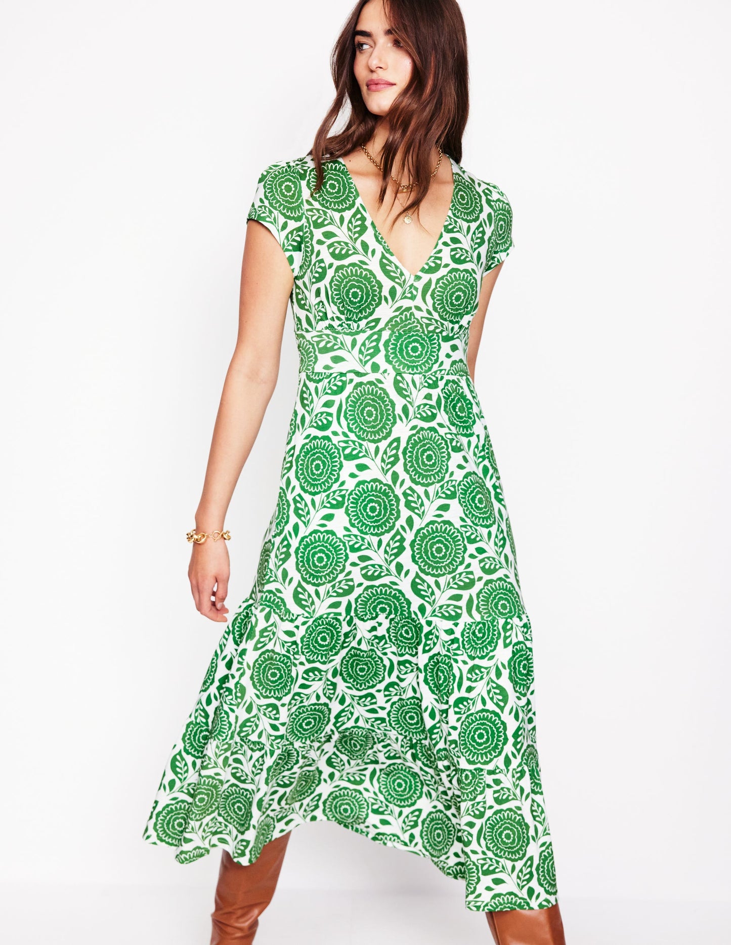 Eloise Tiered Jersey Dress-Iguana Green, Dahlia Stamp