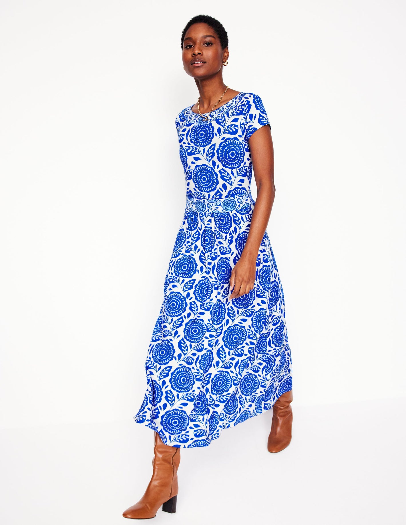 Melanie Jersey Midi Dress-Gallery Blue, Dahlia Stamp