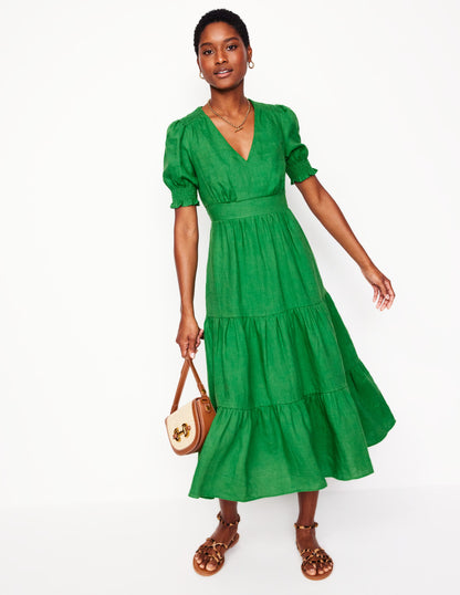 Anna Linen Tiered Midi Dress-Paradise Green