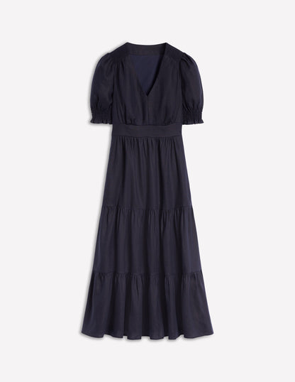 Anna Tiered Linen Midi Dress-Navy