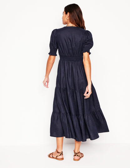 Anna Tiered Linen Midi Dress-Navy