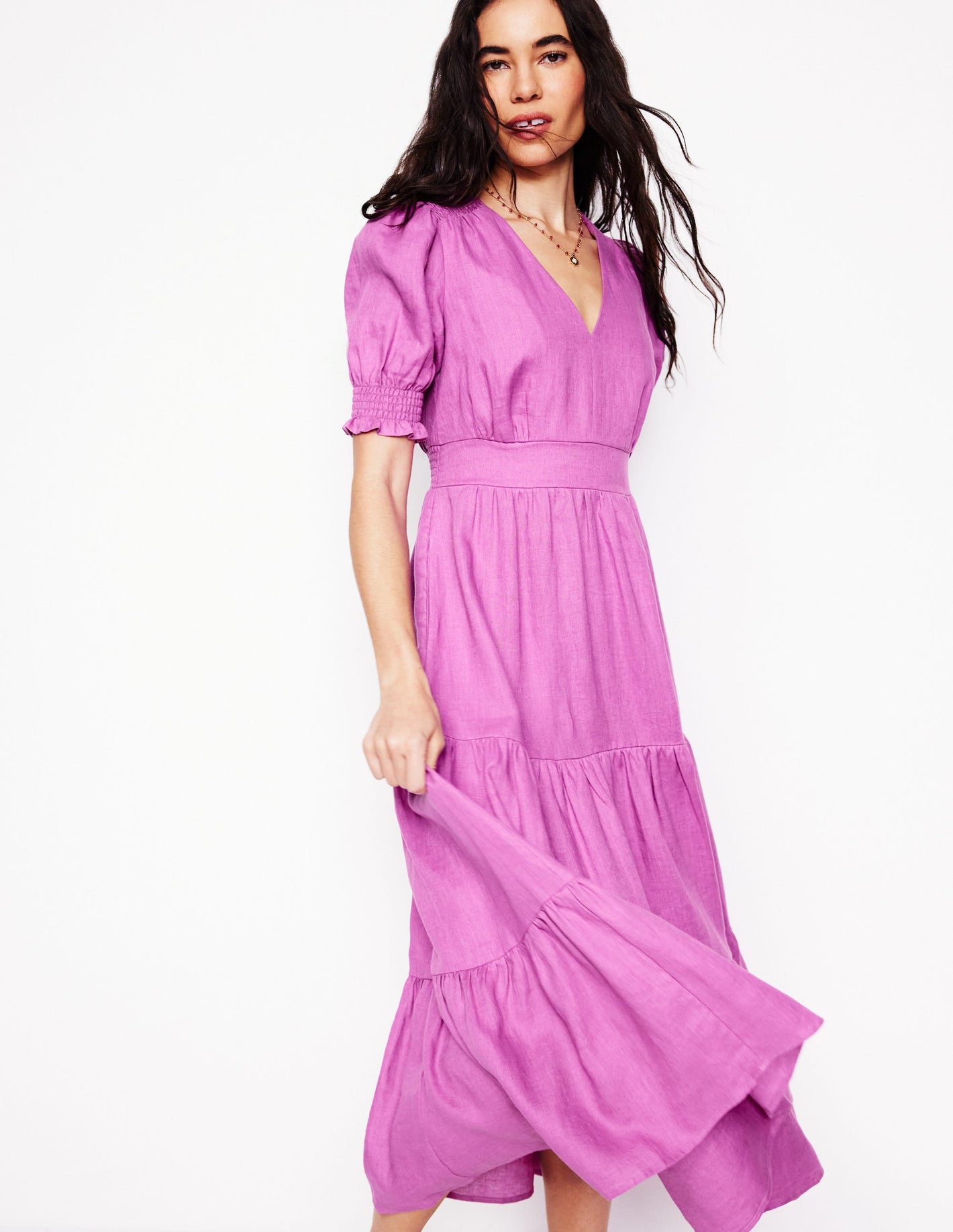 Anna Tiered Linen Midi Dress-Foxglove Purple