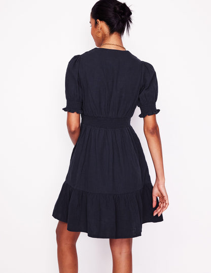 Anna Double Cloth Short Dress-Navy