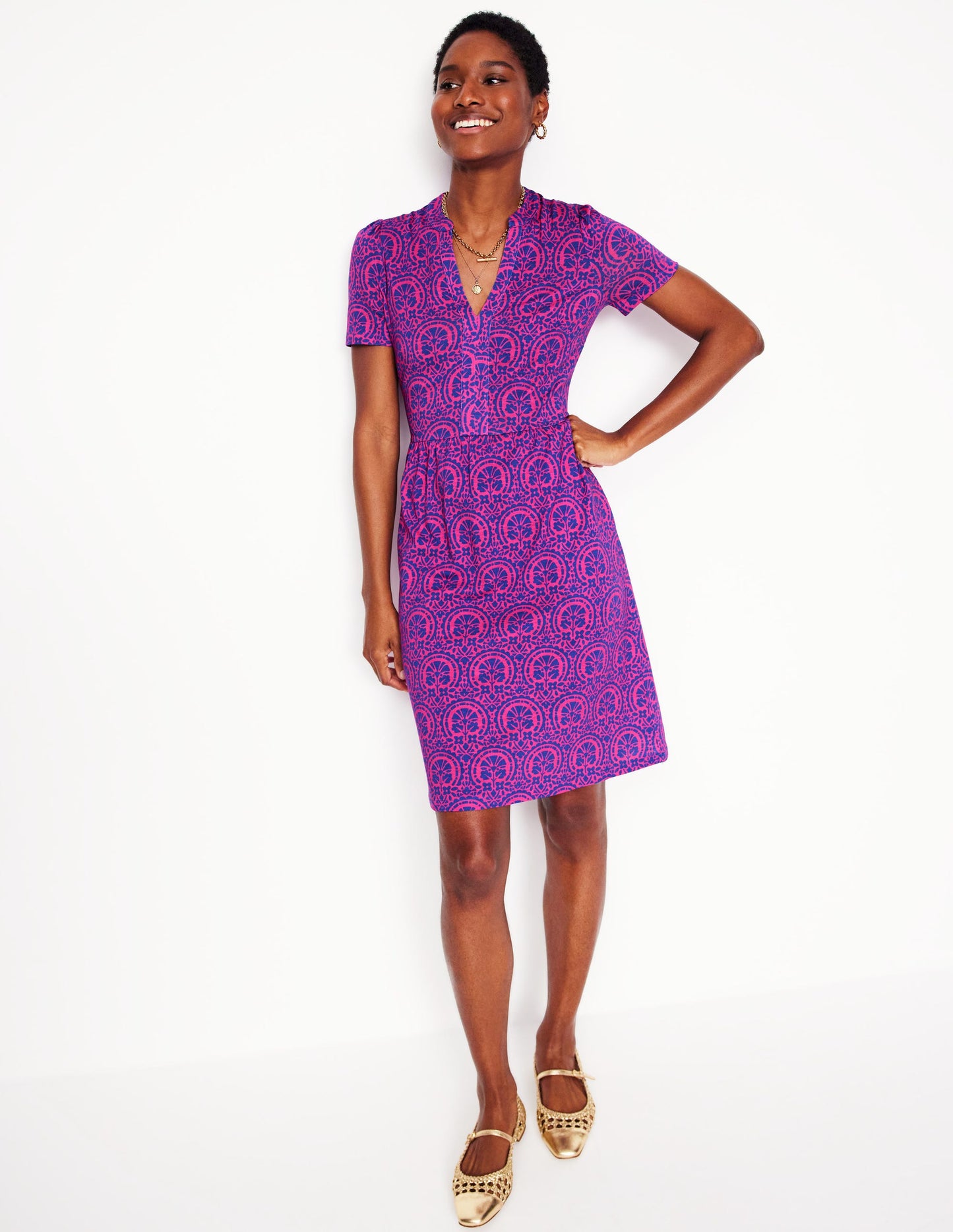 Naomi Short Sleeve Dress-Pink Peony Elaborate Stamp