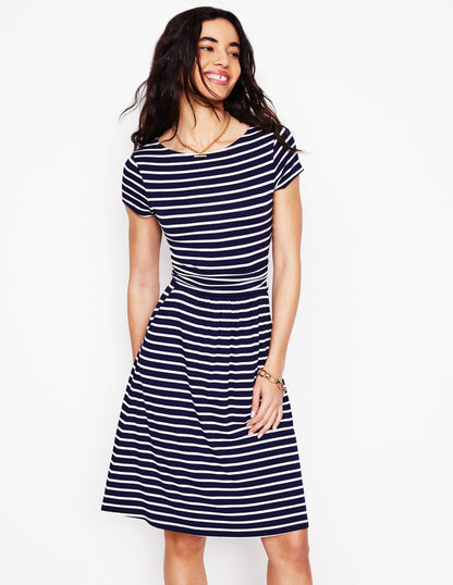 Amelie Jersey Dress -Navy, Ivory Stripe